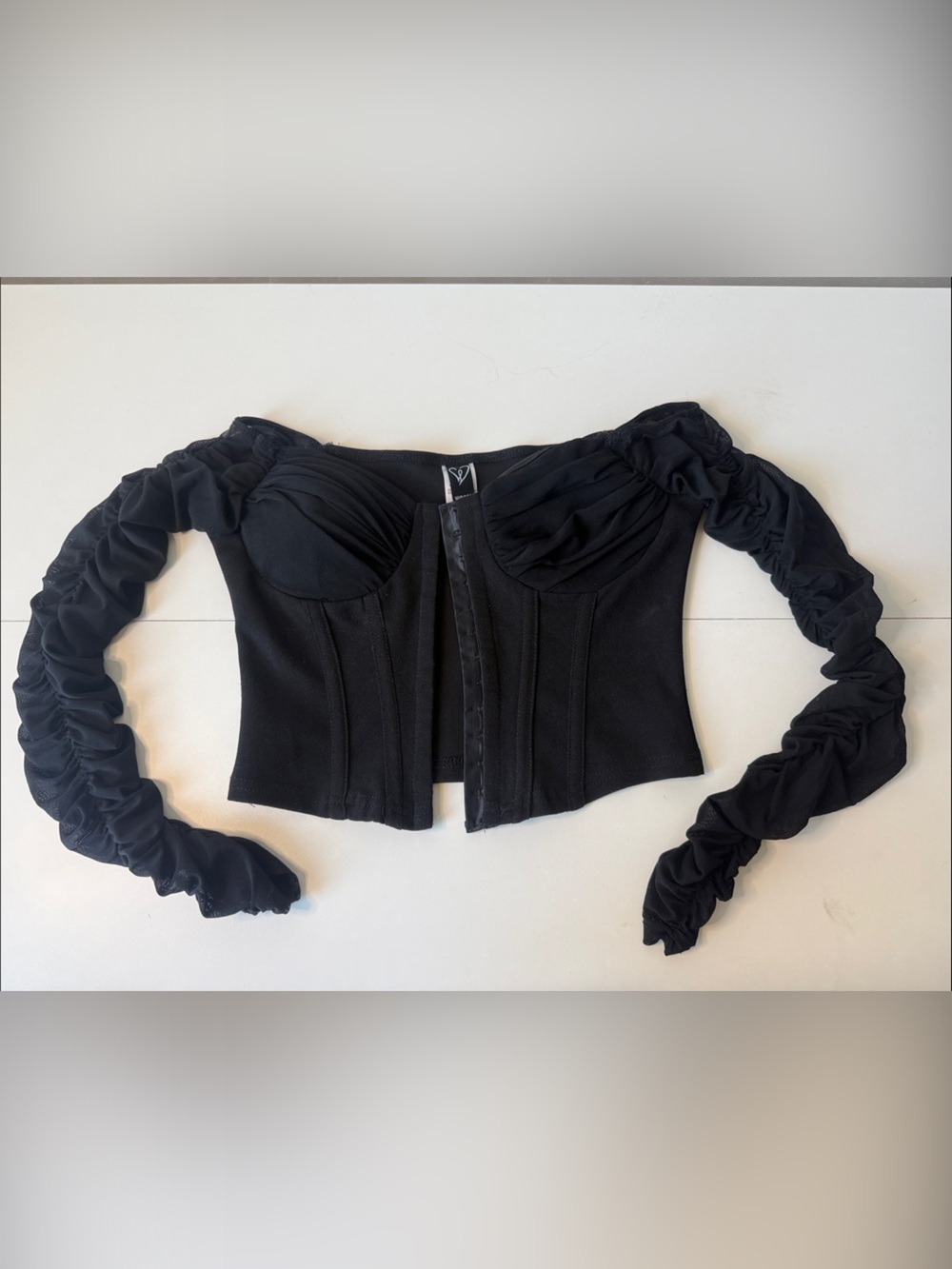 Windsor Black Off-Shoulder Corset Top with Ruched Sleeves